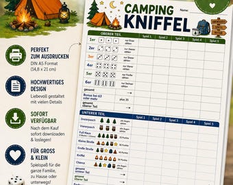 Camping Kniffel | Printable PDF | Würfelspiel für Camper & Familie | Digitaler Download | Reisespiel Kinder