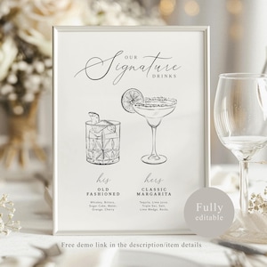 Enseigne personnalisée pour boissons signature | Entièrement modifiable à l'aide de Templett | Enseigne cocktail signature | Panneau de menu de bar de mariage | Plaque pour elle et lui