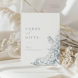 Cartello per biglietti e regali / Modello stampabile per cartello per matrimonio floreale con ortensie blu polvere / Cartello modificabile 8x10 / Cartello per matrimonio