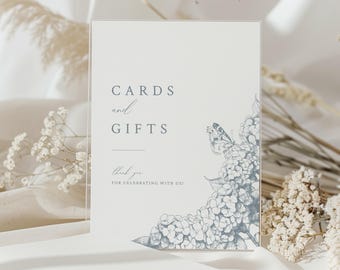 Cards & Gifts Sign | Printable Floral Wedding Sign Template with Dusty Blue Hydrangeas | Editable 8x10 Sign | Wedding Signage