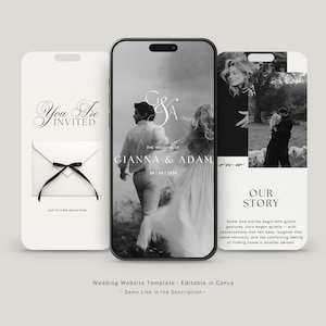 Peut inclure: Un modèle de site web de mariage numérique affiché sur trois écrans de smartphone. Les écrans présentent des photographies en noir et blanc, une typographie serif élégante et le texte You Are Invited, G&A, Gianna & Adam, 28 | 08 | 2026, Our Story.
