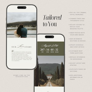 May include: Two smartphones displaying wedding website designs. One shows a couple, the other a countdown timer. Text includes "Tailored to You," "Our Love Story," and customization options like fonts and colors.
