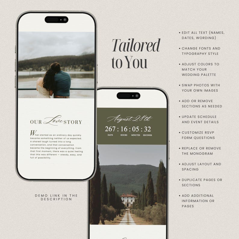 May include: Two smartphones displaying wedding website designs. One shows a couple, the other a countdown timer. Text includes "Tailored to You," "Our Love Story," and customization options like fonts and colors.