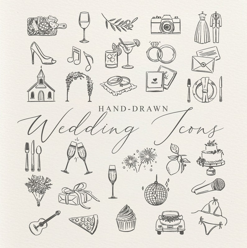 30 Hand Drawn Wedding Timeline Icons SVG & PNG files Wedding Clip Art Illustrations Line Art Icons Digital Download image 1