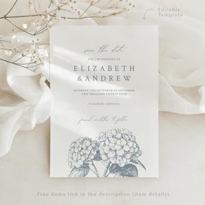 Matrimonio stampabile modello salva data con fiori di ortensia / annuncio del giorno delle nozze blu polvere / cancelleria per matrimonio botanico