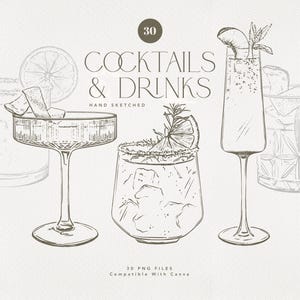Puede incluir: Ilustración dibujada a mano de tres cócteles y bebidas. La imagen presenta una copa de margarita, un cóctel con borde azucarado y una flauta de champán alta. El texto "COCKTAILS & DRINKS" se muestra encima de las ilustraciones.