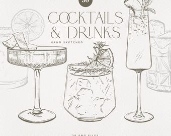 30 ilustraciones de bebidas dibujadas a mano / Archivos SVG y PNG / Imágenes prediseñadas de cócteles / Imágenes prediseñadas de letreros de bebidas exclusivas / Descarga digital