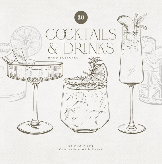 30 Hand Drawn Drink Illustrations | SVG & PNG files | Cocktail Clip Art | Signature Drink Sign Clip Art | Digital Download
