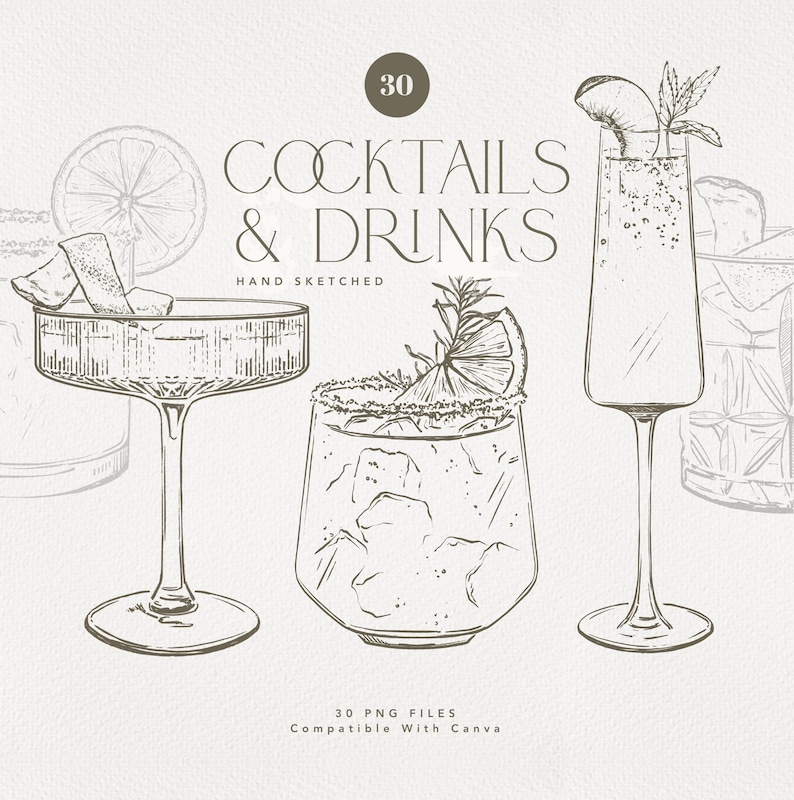30 handritade drinkillustrationer | SVG- och PNG-filer | Cocktail-clipart | Clipart med signaturdrinkskylt | Digital nedladdning bild 1