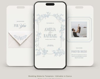 Dusty Blue Embossed Wedding Website with Built-in RSVP | Digital Wedding Invitation | Editable Canva Website