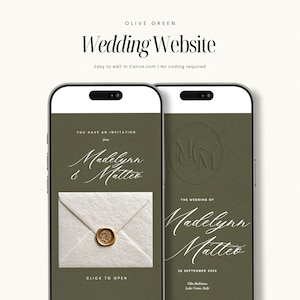 Könnte beinhalten: Zwei Smartphones zeigen ein olivgrünes Hochzeitswebsite-Design. Der Text lautet "Wedding Website" und "Easy to edit in Canva.com | No coding required." Ein Bildschirm zeigt eine Einladung mit Wachssiegel, der andere die Hochzeitsdetails.