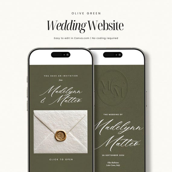 Olive Green Wedding Website Template | Editable Canva Website