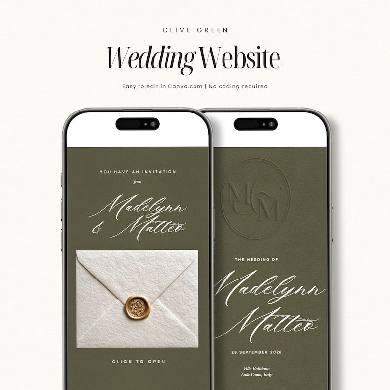 May include: Two smartphones display an olive green wedding website design. The text reads "Wedding Website" and "Easy to edit in Canva.com | No coding required." One screen shows an invitation with a wax seal, the other displays the wedding details.