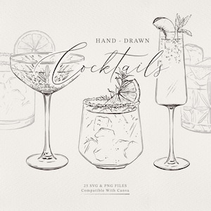 25 ilustrações de bebidas desenhadas à mão | Arquivos SVG e PNG | Arte de clipe de coquetel | Assinatura Bebida Sinal Clip Art | Download Digital