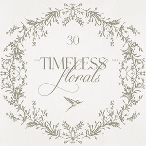 May include: A digital design with a circular floral wreath in a muted green colour. The text "30 TIMELESS Florals" is centered within the wreath, with a small bird illustration. The design is set against a textured, off-white background.