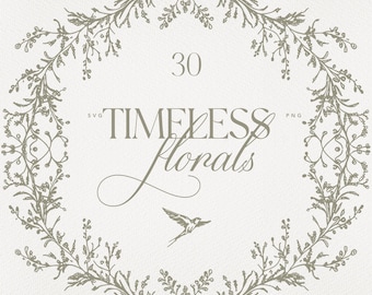 30 ilustraciones florales en formato PNG y SVG / Bordes, escudos y marcos florales para invitaciones de boda / Conjunto dibujado a mano / Descarga digital