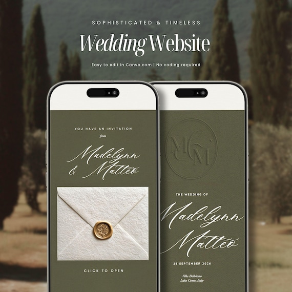Olive Green Wedding Website Template | Editable Canva Website