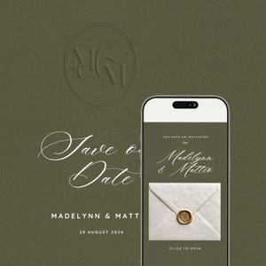 Modello di sito web per annunciare la data del matrimonio in verde oliva con conferma di partecipazione / Sito web modificabile in Canva