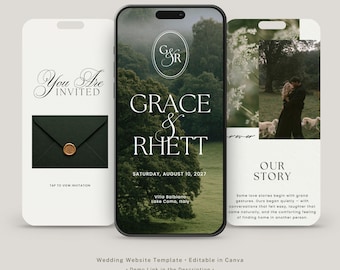 Green Countryside Wedding Website Template With RSVP Form & Editable Monogram | Canva Template