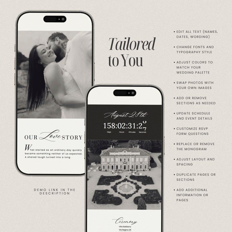 May include: Two smartphones displaying a wedding website design. One shows a couple embracing, the other a countdown timer and event details. Text includes "Tailored to You", "Our Love Story", and customization options.