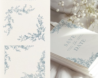 Conjunto de 4 bordes florales / PNG y SVG / Marcos botánicos para invitaciones de boda / Clipart de boda / Arte lineal azul polvoriento / Descarga digital