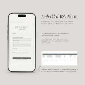 May include: A smartphone displaying an embedded RSVP form with the text Kindly Reply by May 1st, 2027. The screen shows input fields for full name, attendance status, guest information, and dietary restrictions, alongside a spreadsheet view.
