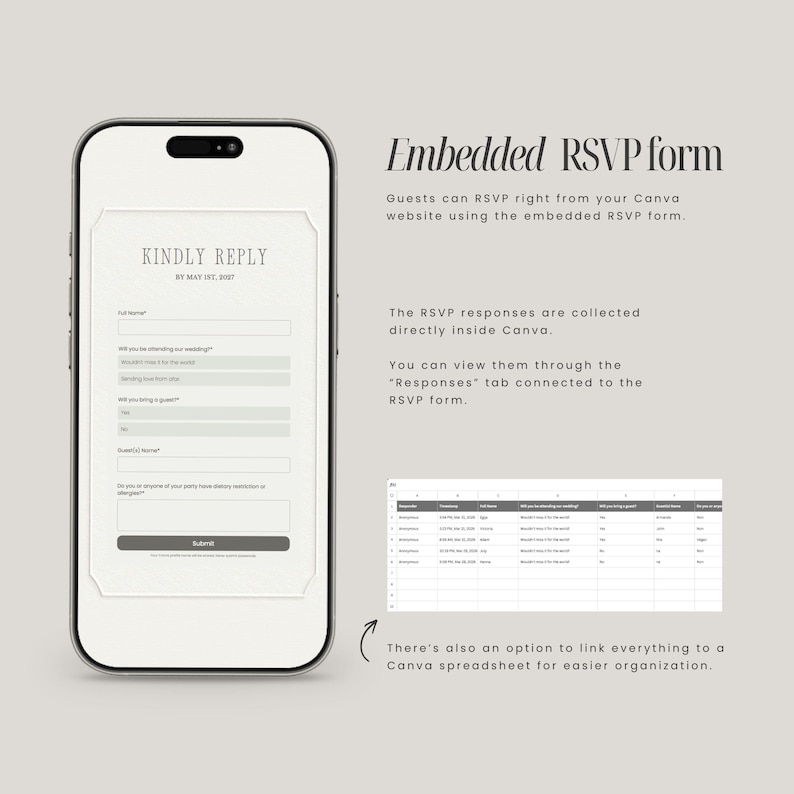 May include: A smartphone displaying an embedded RSVP form with the text Kindly Reply by May 1st, 2027. The screen shows input fields for full name, attendance status, guest information, and dietary restrictions, alongside a spreadsheet view.