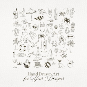 Puede incluir: Ilustraci&oacute;n en blanco y negro con diversos dibujos relacionados con el verano y la playa. La imagen incluye una tabla de surf, gafas de sol, un traje de ba&ntilde;o, un velero y el texto "Hand Drawn Art for Your Designs."