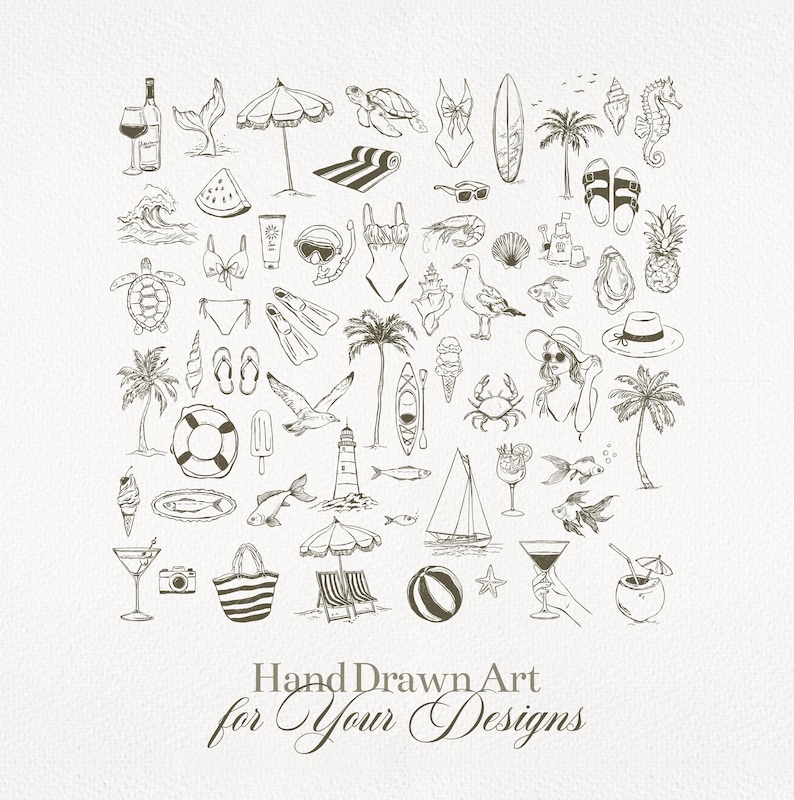 Puede incluir: Ilustraci&oacute;n en blanco y negro con diversos dibujos relacionados con el verano y la playa. La imagen incluye una tabla de surf, gafas de sol, un traje de ba&ntilde;o, un velero y el texto "Hand Drawn Art for Your Designs."