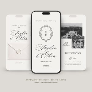 Op de afbeelding: Drie smartphoneschermen met een trouwwebsite-sjabloon met een witte achtergrond en zwarte tekst. De schermen tonen secties voor een uitnodiging, de namen Sophia en Ethan, een monogram en een routebeschrijving naar Villa Balbiano.