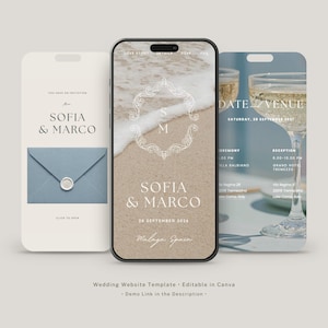 May include: Three mobile phone screens displaying a wedding website template. The left screen shows a blue envelope with a wax seal. The center screen features a sandy beach background with the names Sofia & Marco. The right screen shows a champagne glass.