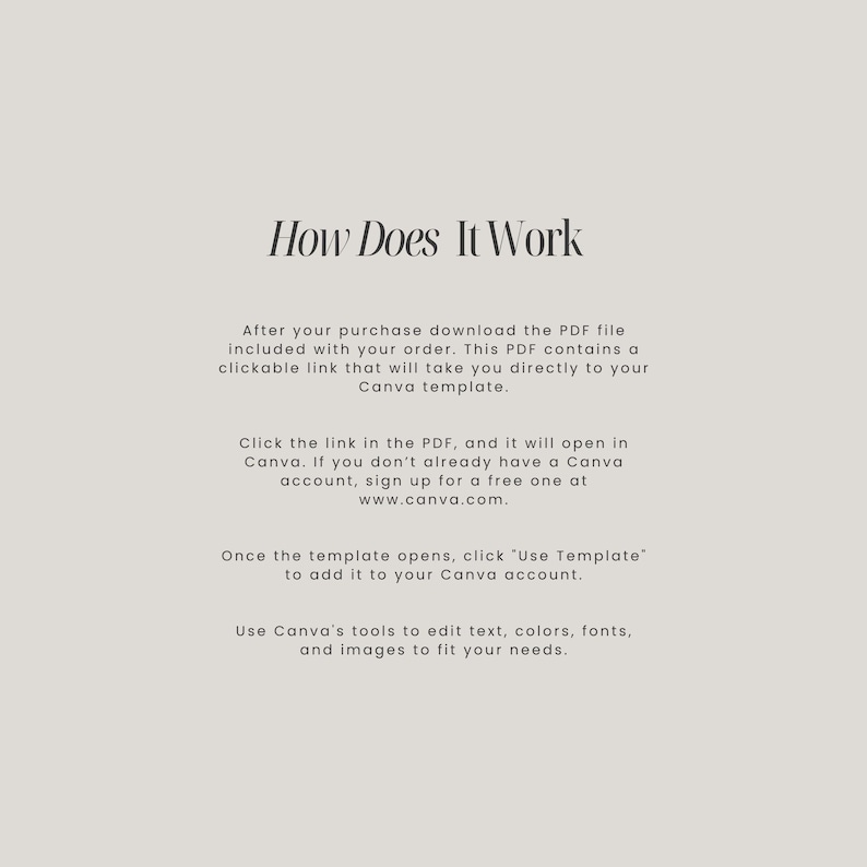 May include: A light beige informational graphic with dark text titled How Does It Work. It explains the process of downloading a PDF file, clicking a link to access a Canva template, signing up for a free account, and using editing tools.