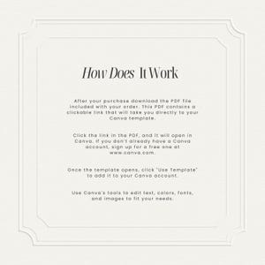 May include: Cream-colored graphic with the text "How Does It Work." Instructions explain how to download a PDF, use a Canva template, and edit text, colors, fonts, and images. The image has a decorative border.