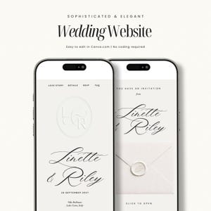 Könnte beinhalten: Zwei Smartphones zeigen eine Hochzeits-Website-Vorlage mit hellgrauem Hintergrund. Die Bildschirme enthalten den Text "SOPHISTICATED & ELEGANT Wedding Website", "Linette & Riley", "28 SEPTEMBER 2027", "Villa Balbiano" und "YOU HAVE AN INVITATION".