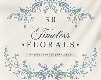 30 illustrations clipart florales PNG et SVG | Bordures fleuries, écussons et cadres pour faire-part de mariage | Ensemble dessiné à la main | Téléchargement numérique