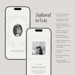 May include: Two smartphones displaying customizable wedding website templates with white backgrounds, floral frames, and black-and-white couple photos. Text includes "Tailored to You," "OUR LOVE STORY," and "THIS IS WHERE FOREVER BEGINS" alongside a list of editing features.