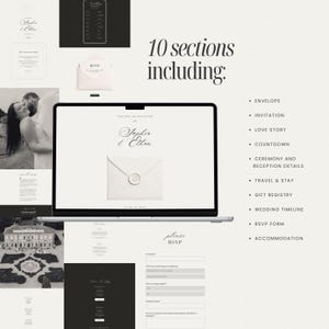 May include: A digital wedding invitation design displayed on a laptop screen, with accompanying elements like an RSVP form, envelope, and a mobile phone mockup. The design includes the names "Sophia & Ethan" and the text "10 sections including:"