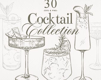 30 Hand Drawn Drink Illustrations | SVG & PNG files | Cocktail Clip Art | Signature Drink Sign Clip Art | Digital Download