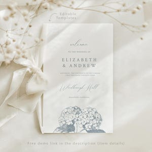 アジサイの花が描かれた印刷可能な結婚式プログラム テンプレート | ダスティ ブルーの礼拝順序小冊子 | 折り畳み式の教会の結婚式プログラム
