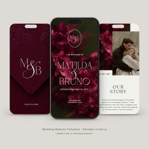 Peut inclure: Un modèle de site web de mariage numérique affiché sur un smartphone et deux panneaux verticaux. Le design présente des fonds floraux bordeaux profonds, une typographie serif blanche, le monogramme M&B et le texte The Wedding of Matilda & Bruno.