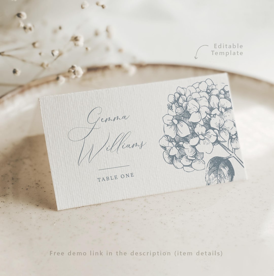 Printable Wedding Place Cards Template With Hydrangea Flowers