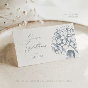 Plantillas para tarjetas de lugar de boda imprimibles con flores de hortensia / Tarjetas de nombre editables / Tarjetas de lugar en azul polvoriento / Papelería floral para bodas