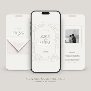 May include: Three smartphone screens displaying a wedding website template with a white background and embossed floral details. The screens show text including "AN INVITATION FOR YOU," "AMELIA & RAPHAEL," and "THIS IS WHERE FOREVER BEGINS."