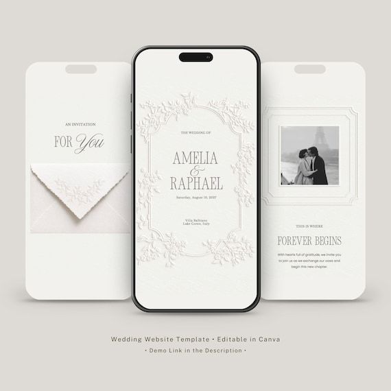 Embossed Wedding Website with Built-in RSVP | Digital Wedding Invitation  | Editable Canva Website