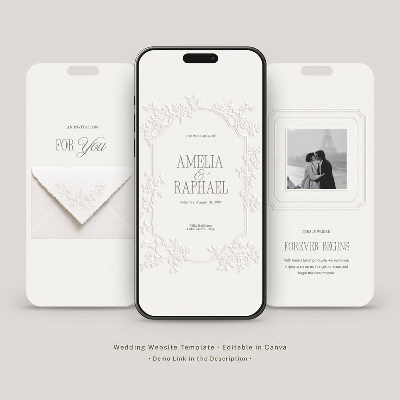 May include: Three smartphone screens displaying a wedding website template with a white background and embossed floral details. The screens show text including "AN INVITATION FOR YOU," "AMELIA & RAPHAEL," and "THIS IS WHERE FOREVER BEGINS."