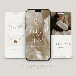 Könnte beinhalten: Eine digitale Hochzeits-Website-Vorlage auf drei Smartphone-Bildschirmen. Die Bildschirme zeigen elegante Typografie, einen floralen Hintergrund, eine Wachssiegel-Grafik und ein Foto eines Paares mit Text wie Fleur & Adam, 10. August 2027.