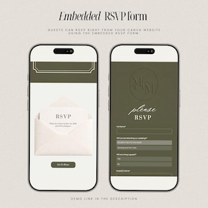 May include: Two smartphones displaying an RSVP form. The left phone shows an RSVP card in an envelope, and the right phone has a form with fields for name, attendance, and guest details. Text at the top says "Embedded RSVP form."