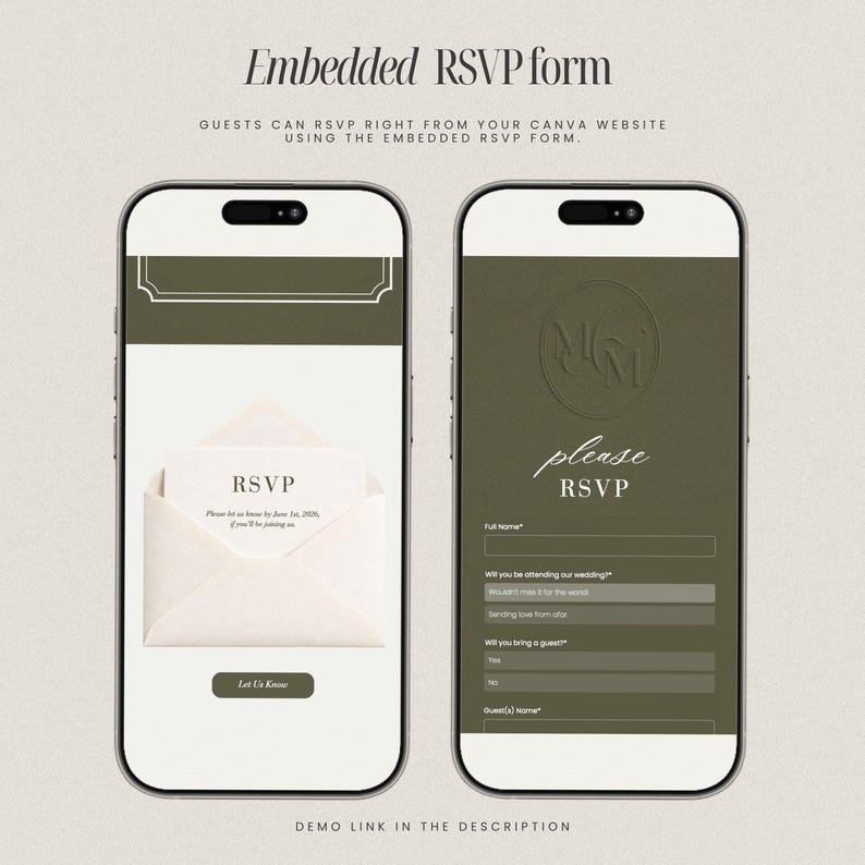 May include: Two smartphones displaying an RSVP form. The left phone shows an RSVP card in an envelope, and the right phone has a form with fields for name, attendance, and guest details. Text at the top says "Embedded RSVP form."