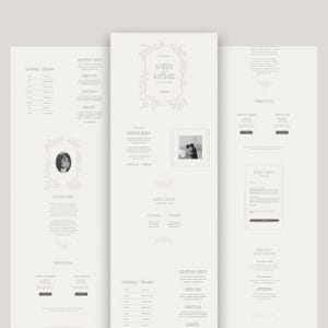 May include: A digital wedding website template featuring a light gray background with dark gray text. The layout includes sections for a wedding timeline, venue details, a photo of a couple, and a form for guests to RSVP with their information.