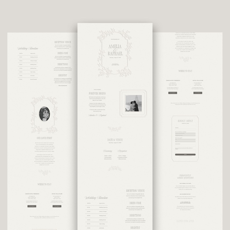 May include: A digital wedding website template featuring a light gray background with dark gray text. The layout includes sections for a wedding timeline, venue details, a photo of a couple, and a form for guests to RSVP with their information.